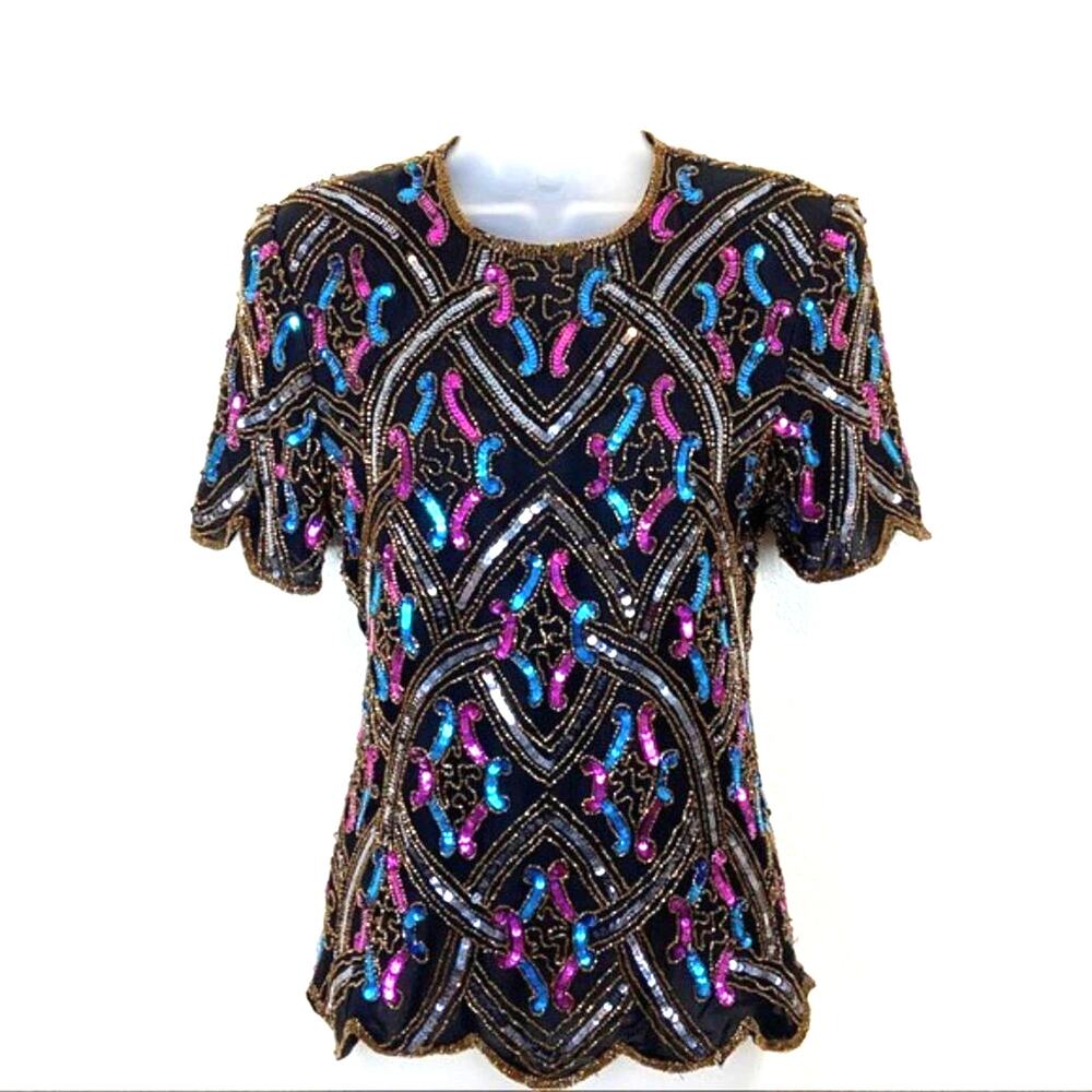 Adrianna Papell Sequin Top Vintage Women's Multicolor Silk Beaded Size Small